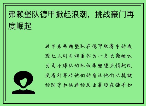 弗赖堡队德甲掀起浪潮，挑战豪门再度崛起