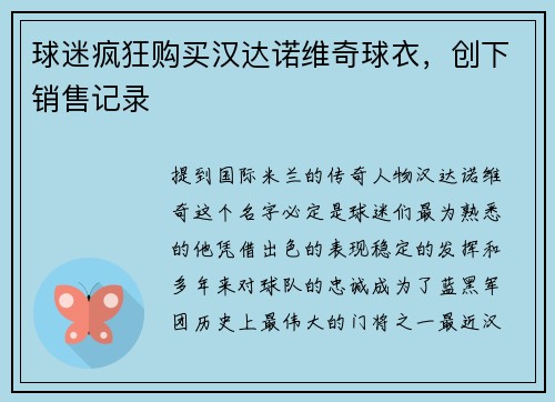 球迷疯狂购买汉达诺维奇球衣，创下销售记录
