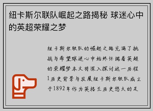 纽卡斯尔联队崛起之路揭秘 球迷心中的英超荣耀之梦