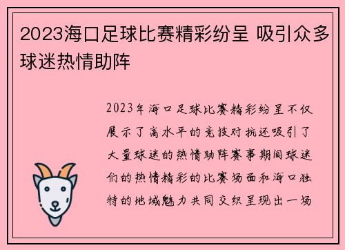 2023海口足球比赛精彩纷呈 吸引众多球迷热情助阵