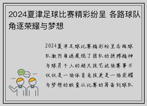 2024夏津足球比赛精彩纷呈 各路球队角逐荣耀与梦想
