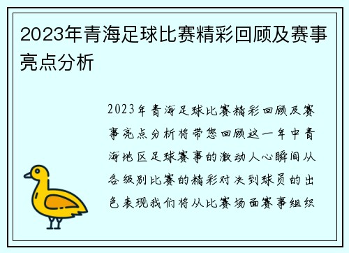 2023年青海足球比赛精彩回顾及赛事亮点分析