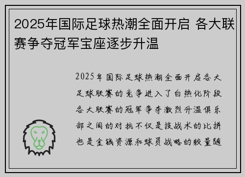2025年国际足球热潮全面开启 各大联赛争夺冠军宝座逐步升温