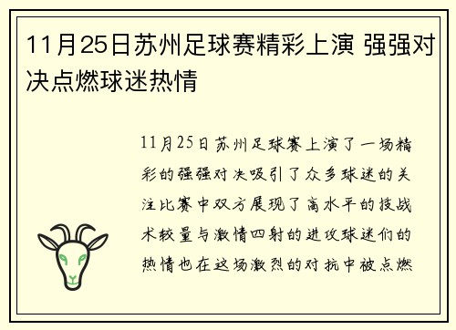 11月25日苏州足球赛精彩上演 强强对决点燃球迷热情