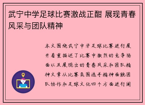 武宁中学足球比赛激战正酣 展现青春风采与团队精神