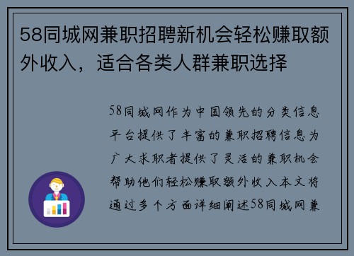 58同城网兼职招聘新机会轻松赚取额外收入，适合各类人群兼职选择