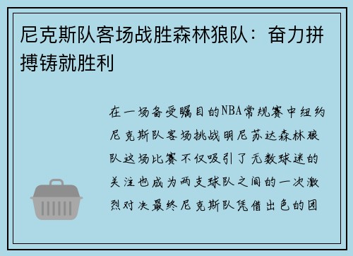 尼克斯队客场战胜森林狼队：奋力拼搏铸就胜利