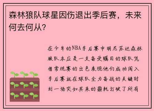森林狼队球星因伤退出季后赛，未来何去何从？
