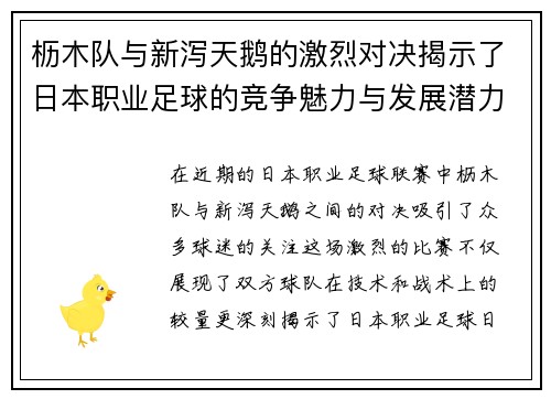 枥木队与新泻天鹅的激烈对决揭示了日本职业足球的竞争魅力与发展潜力