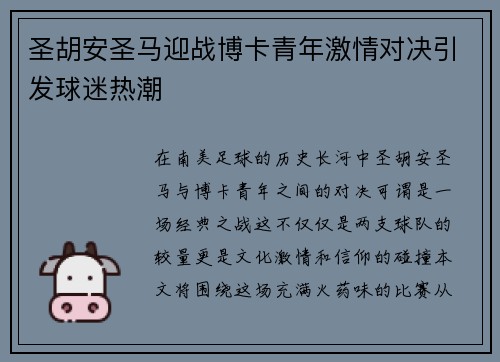 圣胡安圣马迎战博卡青年激情对决引发球迷热潮