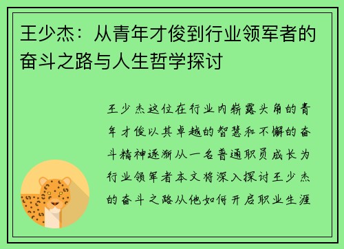 王少杰：从青年才俊到行业领军者的奋斗之路与人生哲学探讨