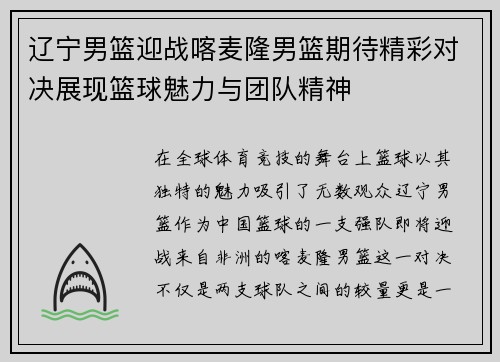 辽宁男篮迎战喀麦隆男篮期待精彩对决展现篮球魅力与团队精神