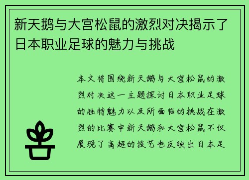 新天鹅与大宫松鼠的激烈对决揭示了日本职业足球的魅力与挑战