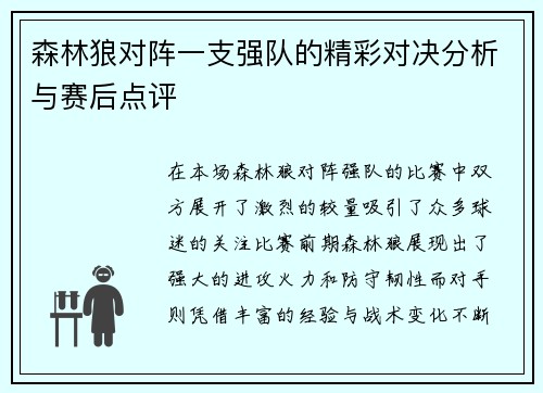 森林狼对阵一支强队的精彩对决分析与赛后点评