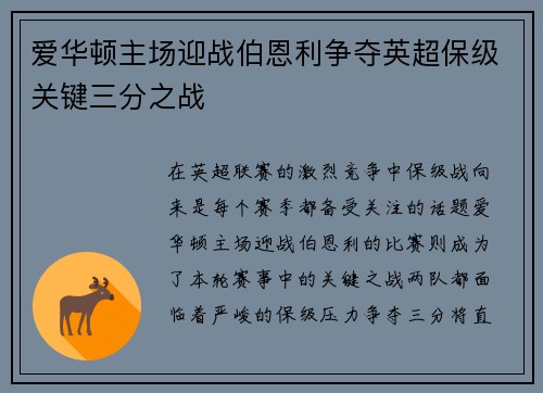 爱华顿主场迎战伯恩利争夺英超保级关键三分之战