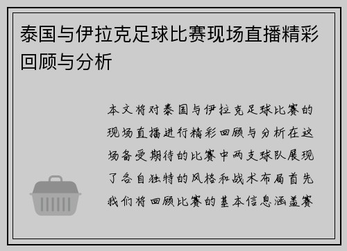 泰国与伊拉克足球比赛现场直播精彩回顾与分析