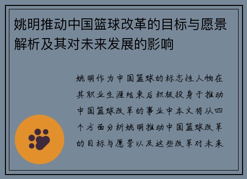 姚明推动中国篮球改革的目标与愿景解析及其对未来发展的影响
