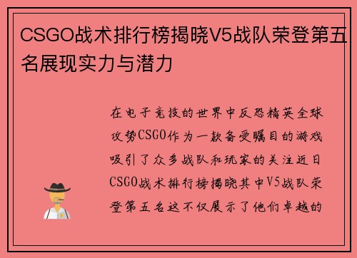 CSGO战术排行榜揭晓V5战队荣登第五名展现实力与潜力