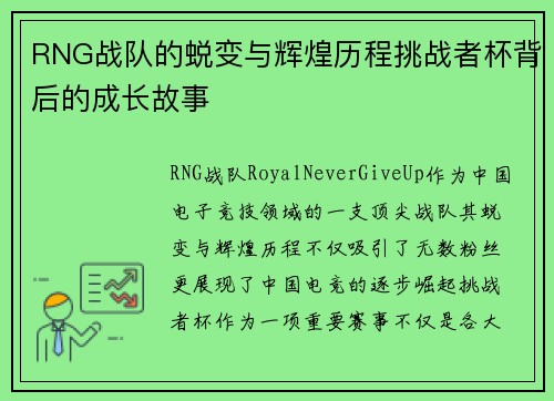 RNG战队的蜕变与辉煌历程挑战者杯背后的成长故事